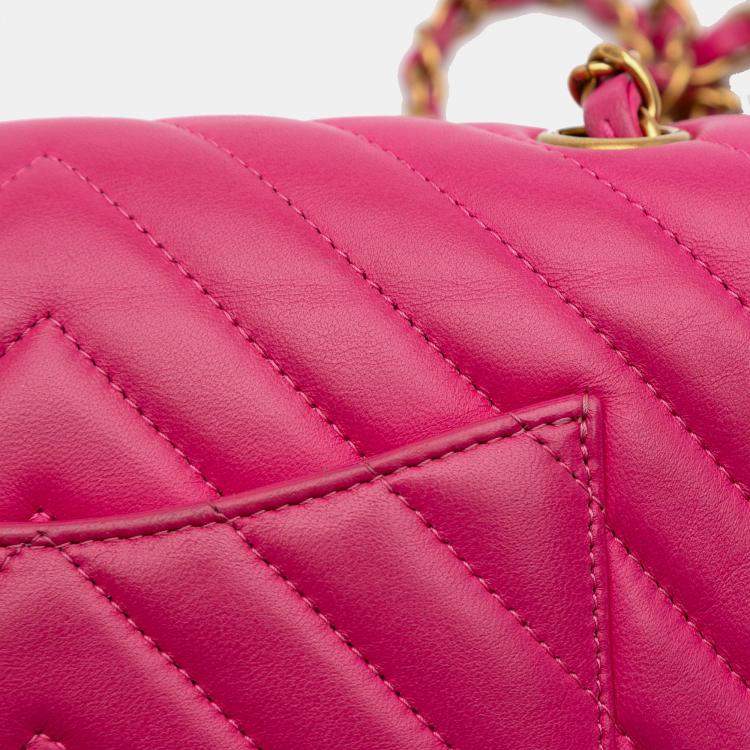 Pre Owned Chanel Pink Mini Rectangular Classic Chevron Lambskin Single Flap