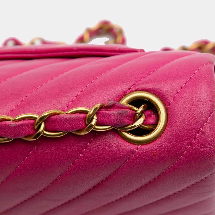 Pre Owned Chanel Pink Mini Rectangular Classic Chevron Lambskin Single Flap