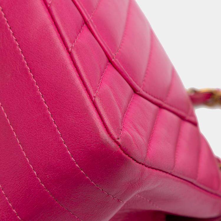 Pre Owned Chanel Pink Mini Rectangular Classic Chevron Lambskin Single Flap
