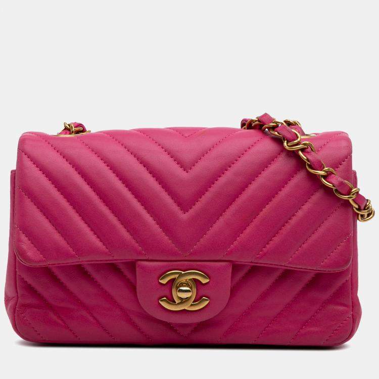 Pre Owned Chanel Pink Mini Rectangular Classic Chevron Lambskin Single Flap