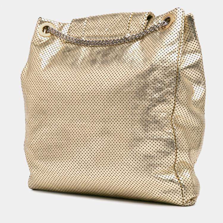 Pre Owned Chanel Gold Perforated Crackled Metallic Calfskin Drill Tote
