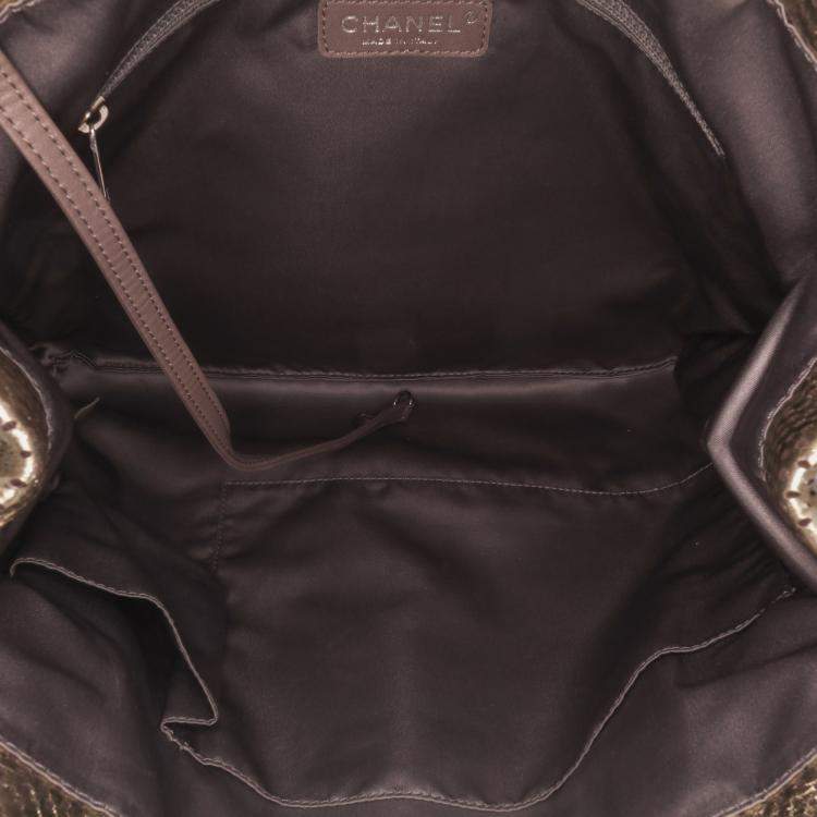 Pre Owned Chanel Gold Perforated Crackled Metallic Calfskin Drill Tote