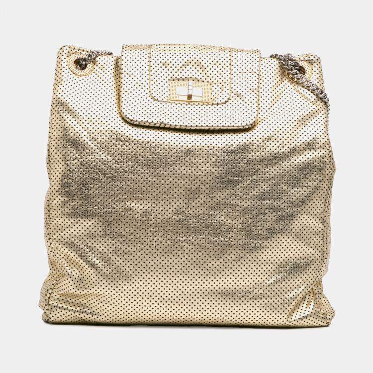 Pre Owned Chanel Gold Perforated Crackled Metallic Calfskin Drill Tote