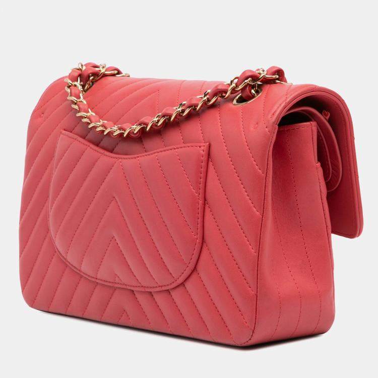 Pre Owned Chanel Red Medium Classic Chevron Lambskin Double Flap