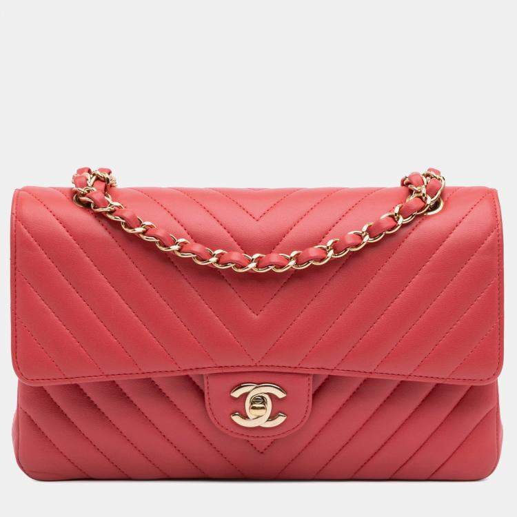 Pre Owned Chanel Red Medium Classic Chevron Lambskin Double Flap