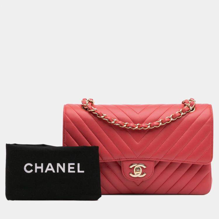 Pre Owned Chanel Red Medium Classic Chevron Lambskin Double Flap