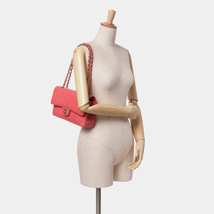 Pre Owned Chanel Red Medium Classic Chevron Lambskin Double Flap