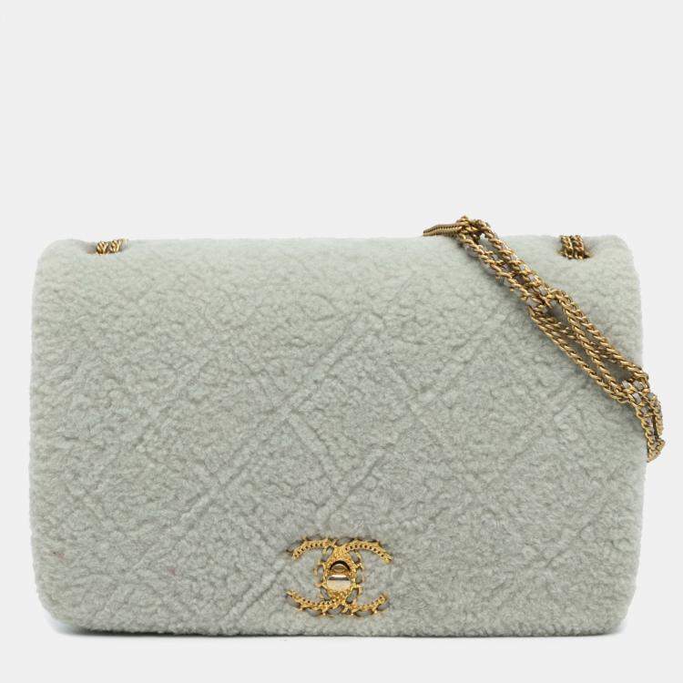 Pre Owned Chanel Grey Quilted Shearling Chain Flap