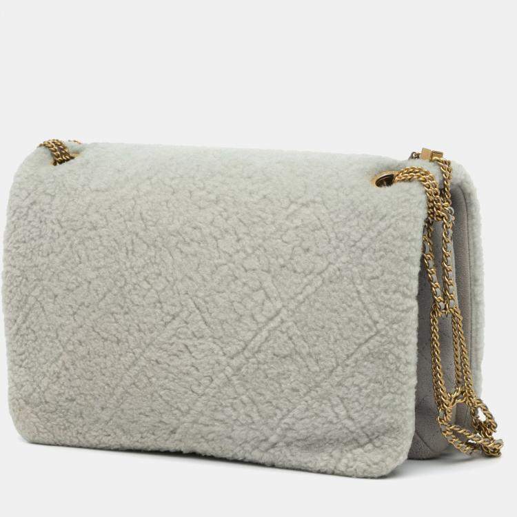 Pre Owned Chanel Grey Quilted Shearling Chain Flap
