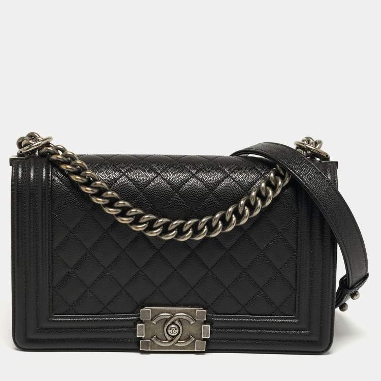 Pre Owned Chanel Boy Medium Black Quilted Caviar Leather Flap Bag