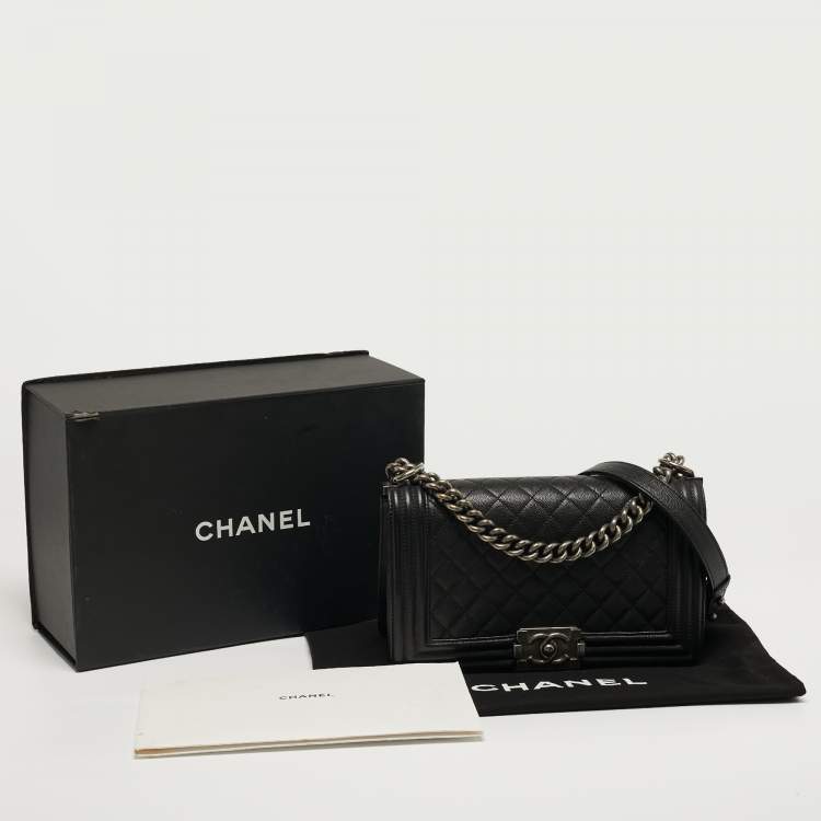 Pre Owned Chanel Boy Medium Black Quilted Caviar Leather Flap Bag