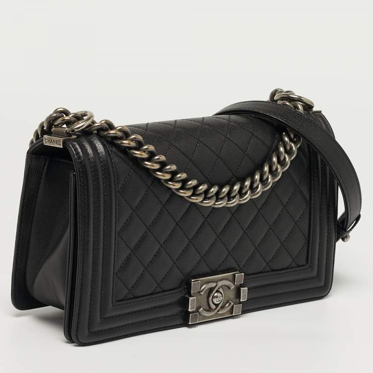 Pre Owned Chanel Boy Medium Black Quilted Caviar Leather Flap Bag