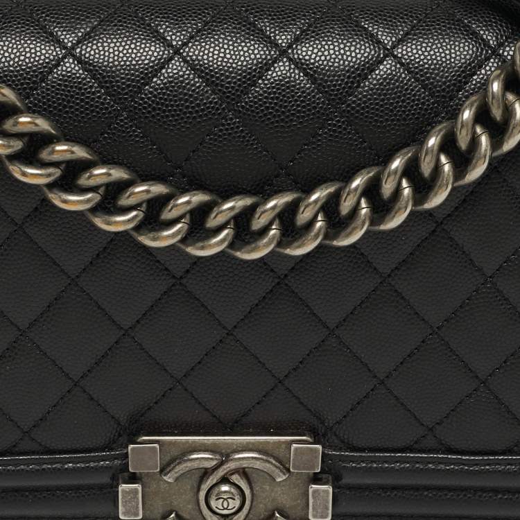 Pre Owned Chanel Boy Medium Black Quilted Caviar Leather Flap Bag