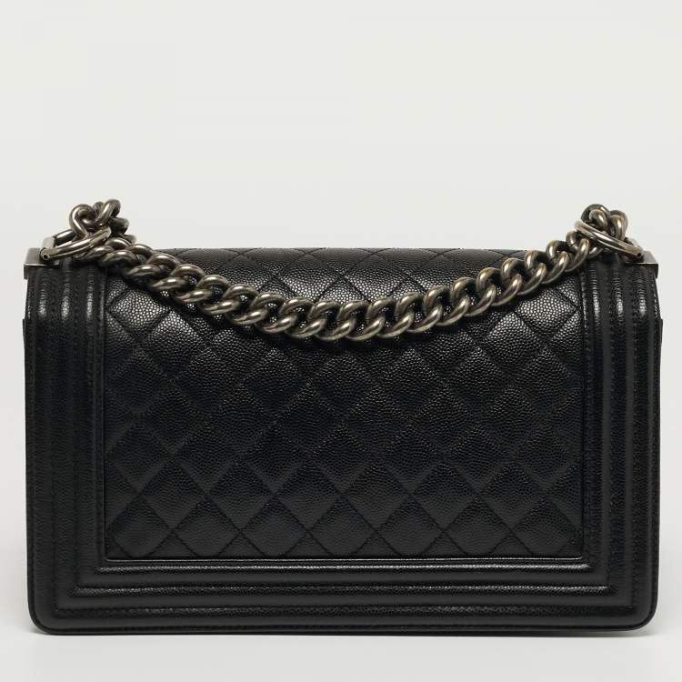 Pre Owned Chanel Boy Medium Black Quilted Caviar Leather Flap Bag