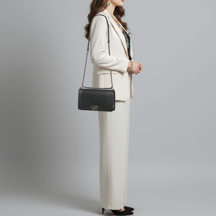 Pre Owned Chanel Boy Medium Black Quilted Caviar Leather Flap Bag