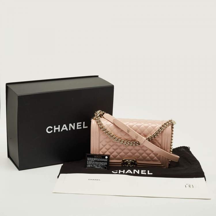 Pre Owned Chanel Boy New Medium Metallic Pink Quilted Patent Leather Flap Bag