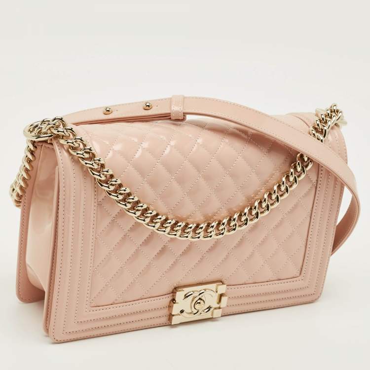 Pre Owned Chanel Boy New Medium Metallic Pink Quilted Patent Leather Flap Bag