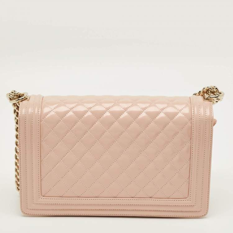 Pre Owned Chanel Boy New Medium Metallic Pink Quilted Patent Leather Flap Bag
