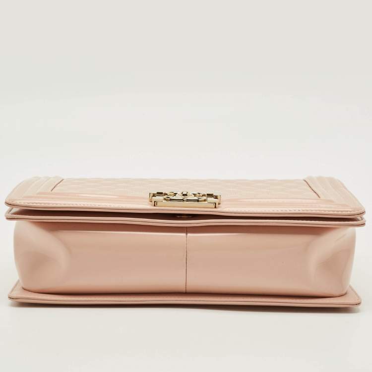 Pre Owned Chanel Boy New Medium Metallic Pink Quilted Patent Leather Flap Bag