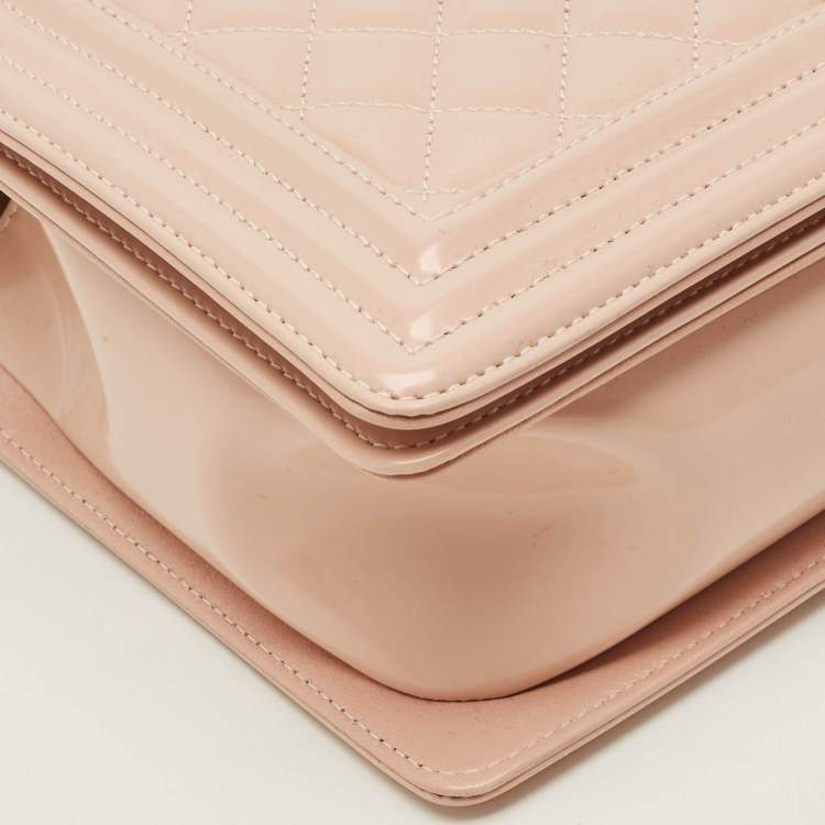 Pre Owned Chanel Boy New Medium Metallic Pink Quilted Patent Leather Flap Bag