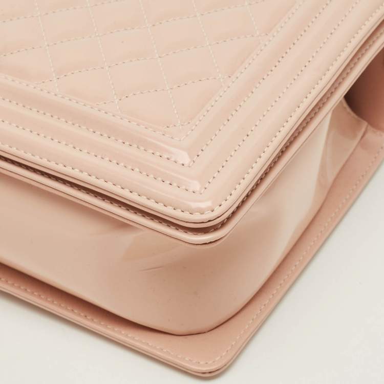 Pre Owned Chanel Boy New Medium Metallic Pink Quilted Patent Leather Flap Bag