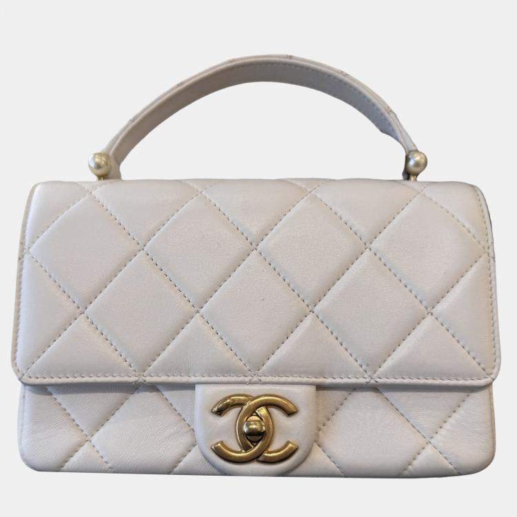 Pre Owned Chanel Pearl handle bag white with gold hardware