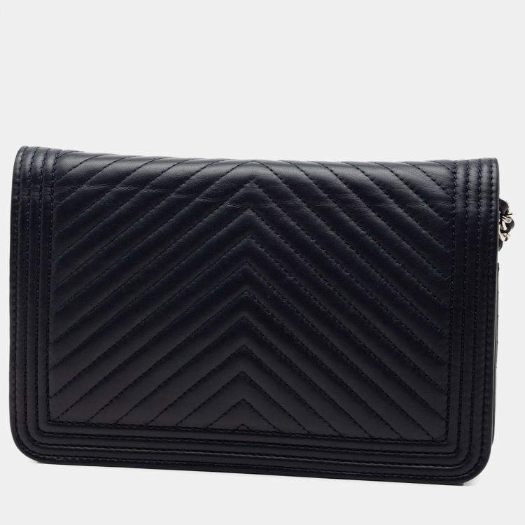 Pre Owned Chanel Blue Chevron Lambskin Boy Wallet on Chain