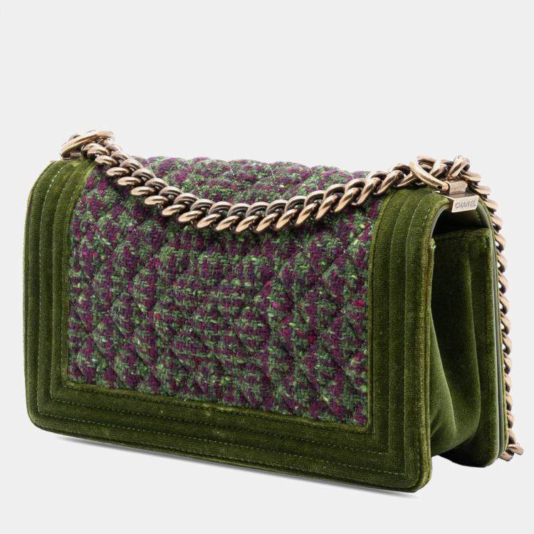 Pre Owned Chanel Green Old Medium Tweed and Velvet Boy Flap