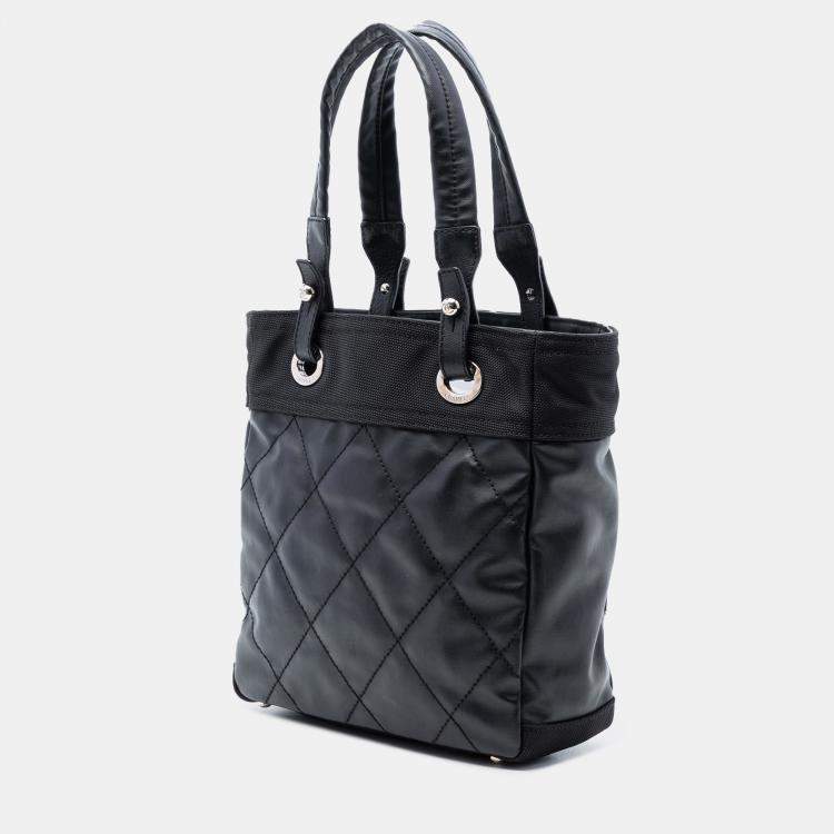 Pre Owned Chanel Black Small Quilted Coated Canvas Paris Biarritz Tote
