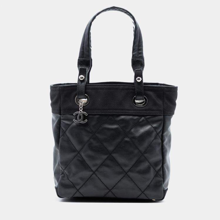 Pre Owned Chanel Black Small Quilted Coated Canvas Paris Biarritz Tote
