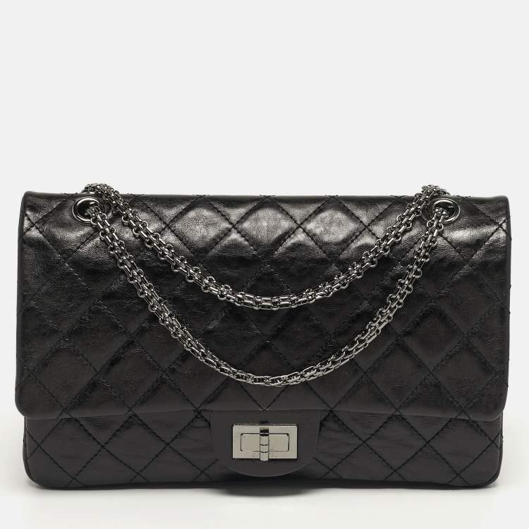 Pre Owned Chanel 2.55 Reissue 227 Black Quilted Glazed Aged Leather Flap Bag