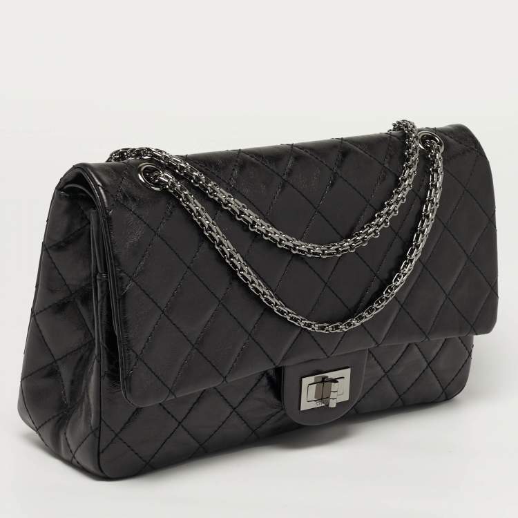 Pre Owned Chanel 2.55 Reissue 227 Black Quilted Glazed Aged Leather Flap Bag