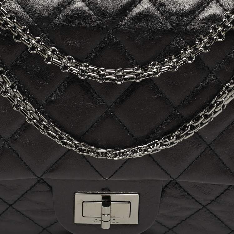 Pre Owned Chanel 2.55 Reissue 227 Black Quilted Glazed Aged Leather Flap Bag