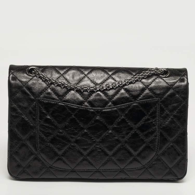 Pre Owned Chanel 2.55 Reissue 227 Black Quilted Glazed Aged Leather Flap Bag