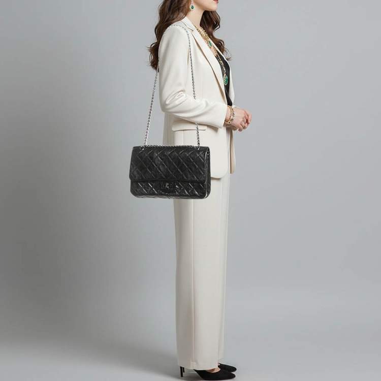 Pre Owned Chanel 2.55 Reissue 227 Black Quilted Glazed Aged Leather Flap Bag