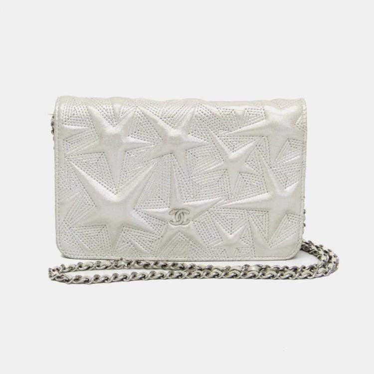 Pre Owned Chanel Star Emboss Lambskin Chain/Shoulder Wallet Silver