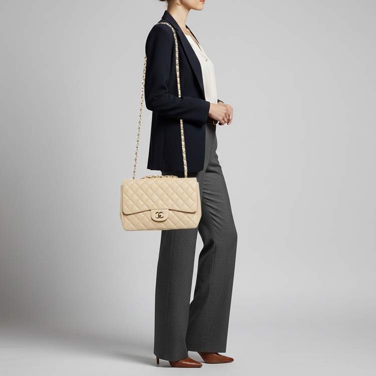 Pre Owned حقيبة شانيل جامبو  كلاسيك جلد شيفرون لامع خوخي بقلاب