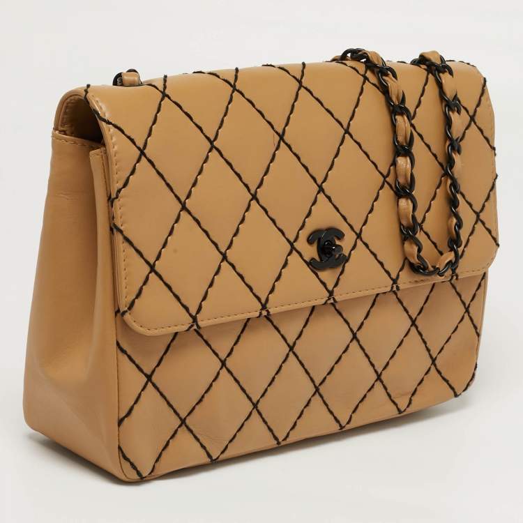 Pre Owned Chanel Beige/Black Wild Stitch Quilted Leather Flap Bag