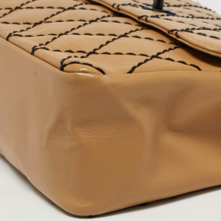 Pre Owned Chanel Beige/Black Wild Stitch Quilted Leather Flap Bag