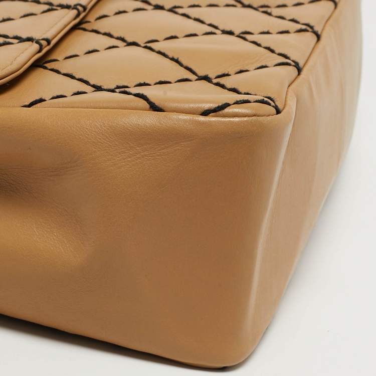 Pre Owned Chanel Beige/Black Wild Stitch Quilted Leather Flap Bag