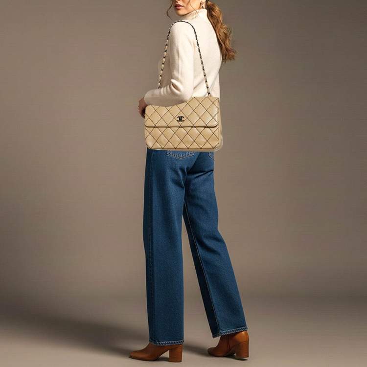 Pre Owned Chanel Beige/Black Wild Stitch Quilted Leather Flap Bag