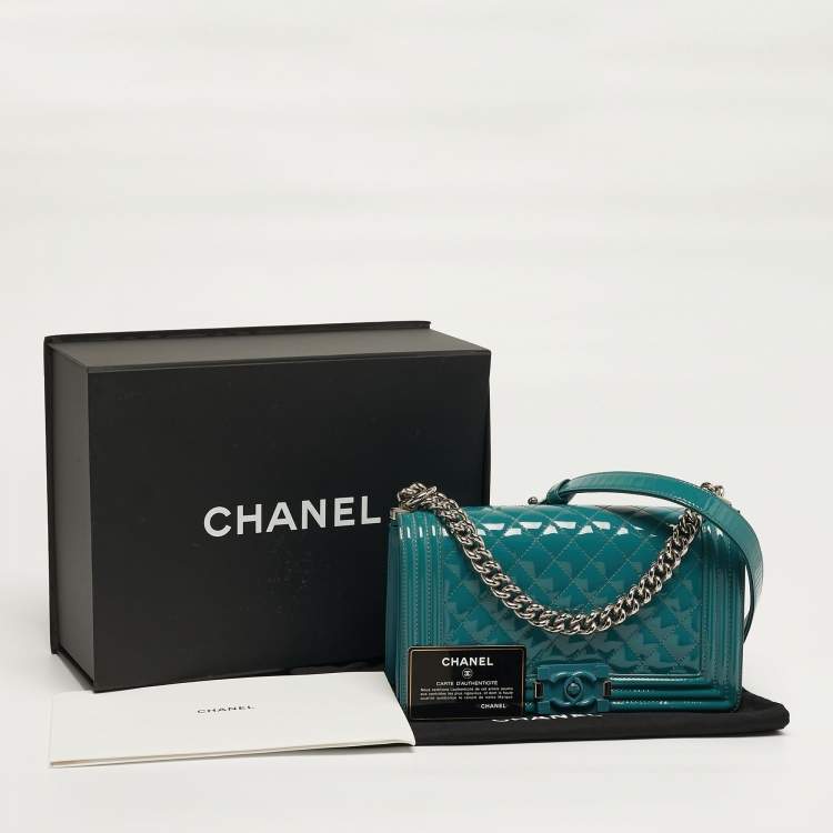 Pre Owned Chanel Boy Medium Blue Quilted Patent Leather Flap Bag