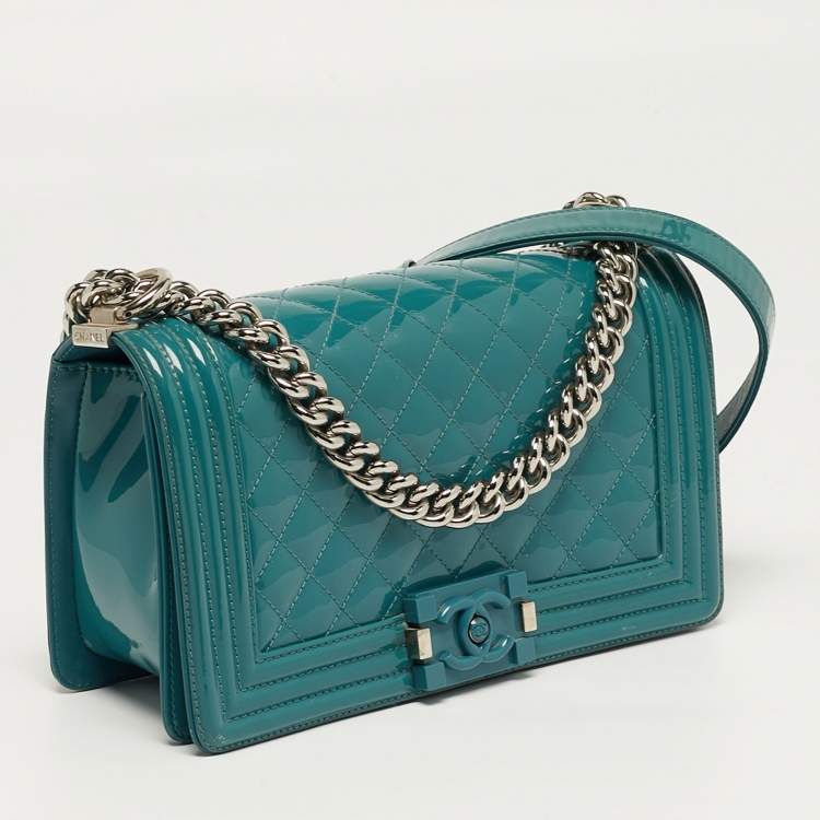 Pre Owned Chanel Boy Medium Blue Quilted Patent Leather Flap Bag