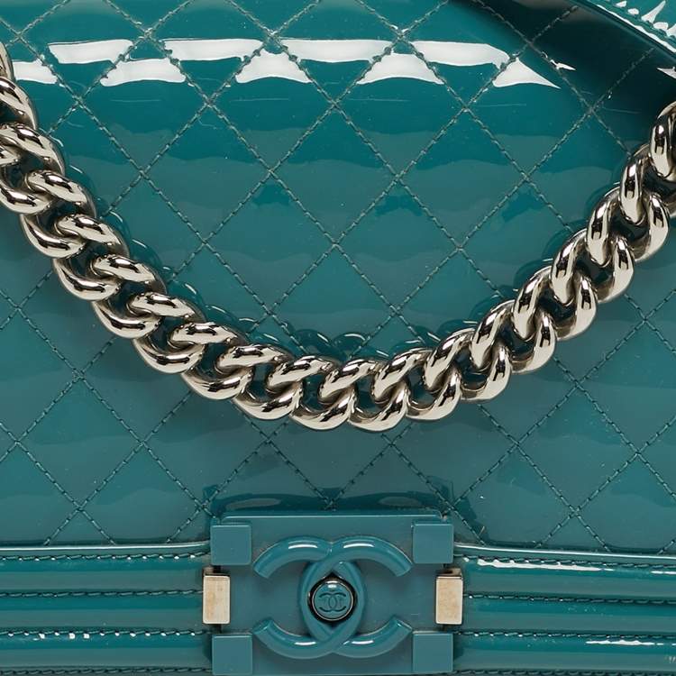 Pre Owned Chanel Boy Medium Blue Quilted Patent Leather Flap Bag