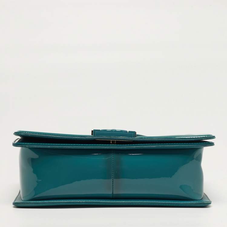 Pre Owned Chanel Boy Medium Blue Quilted Patent Leather Flap Bag