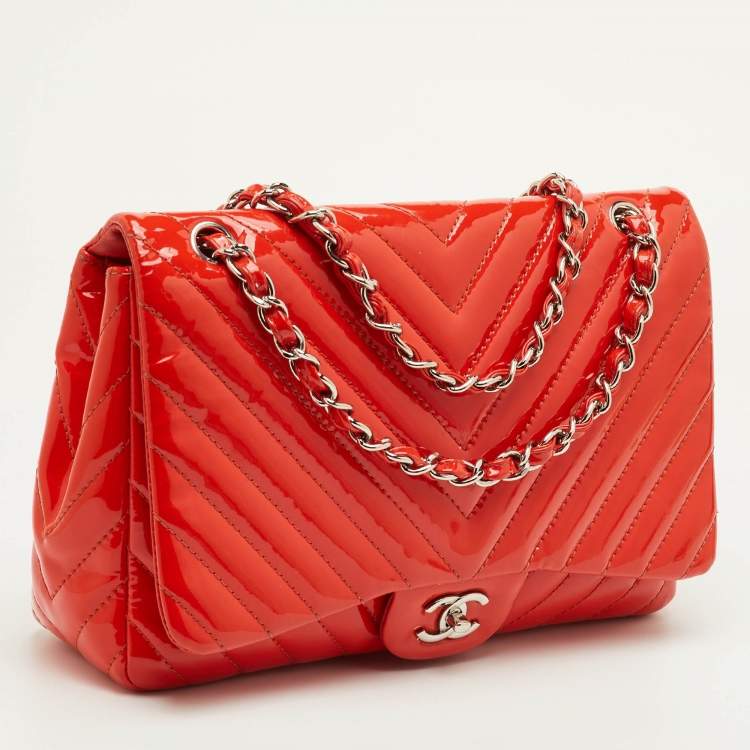 Pre Owned Chanel Classic Single Flap Jumbo Orange Chevron Patent Leather Shoulder Bag
