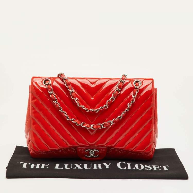 Pre Owned Chanel Classic Single Flap Jumbo Orange Chevron Patent Leather Shoulder Bag