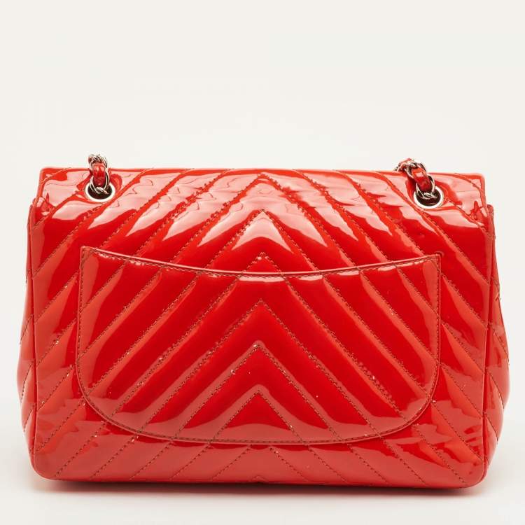 Pre Owned Chanel Classic Single Flap Jumbo Orange Chevron Patent Leather Shoulder Bag
