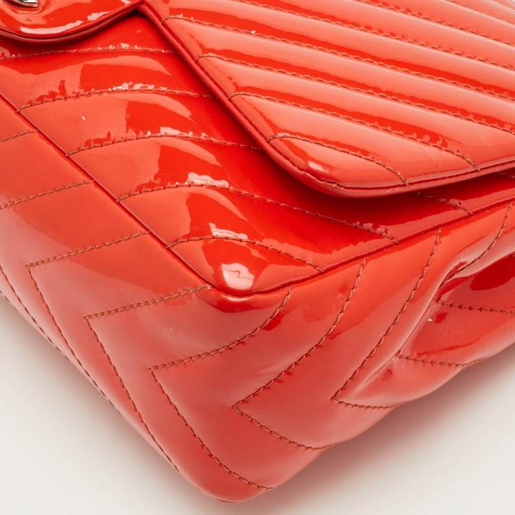 Pre Owned Chanel Classic Single Flap Jumbo Orange Chevron Patent Leather Shoulder Bag