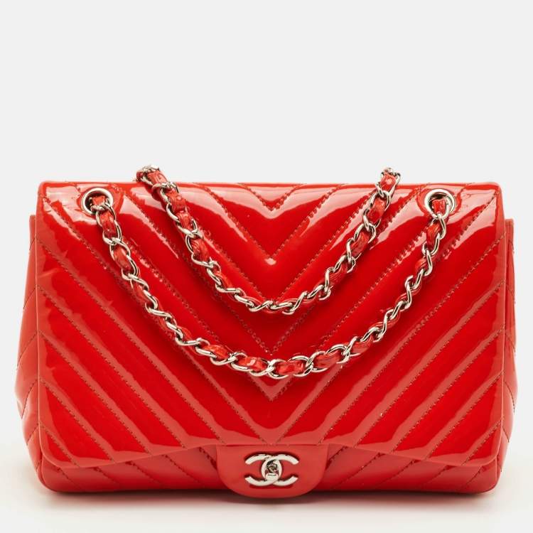 Pre Owned Chanel Classic Single Flap Jumbo Orange Chevron Patent Leather Shoulder Bag